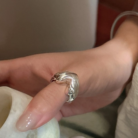S925 Sterling Silver Heart Ring For Women Korean Style Adjustable Open Fluid Metal Heart Shaped Band Ring Jewelry Gift