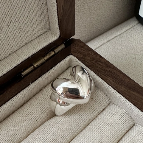 S925 Sterling Silver Heart Ring For Women Korean Style Adjustable Open Fluid Metal Heart Shaped Band Ring Jewelry Gift
