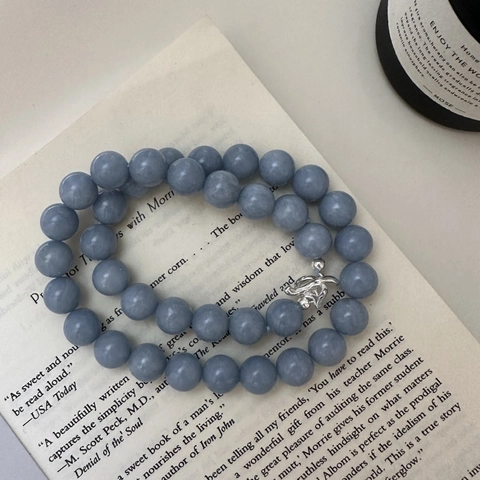 S925 Sterling Silver Blue Angel Beaded Necklace For Women Minimalist Natural Stone Round Bead Choker Jewelry