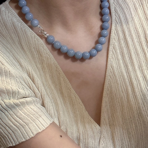 S925 Sterling Silver Blue Angel Beaded Necklace For Women Minimalist Natural Stone Round Bead Choker Jewelry