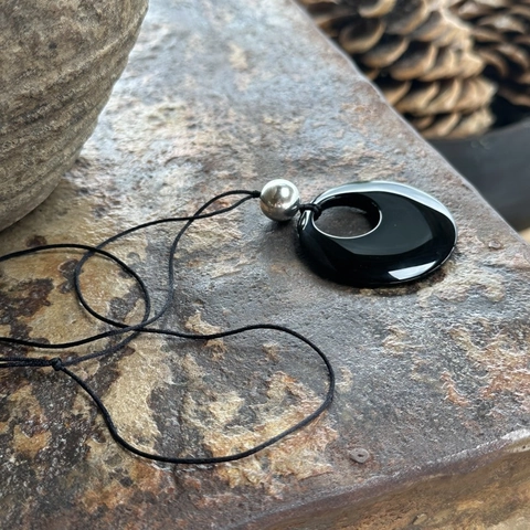 S925 Sterlingsilber Schwarzer Obsidian Anhänger Halskette Nischendesign Geometrisch Rund Lange Pulloverkette Damen Schmuck