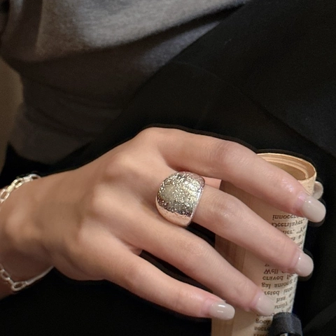 925 Sterling Zilver Gehamerde Textuur Brede Band Ring Voor Vrouwen Minimalistisch Onregelmatig Geometrisch Verstelbare Open Ring
