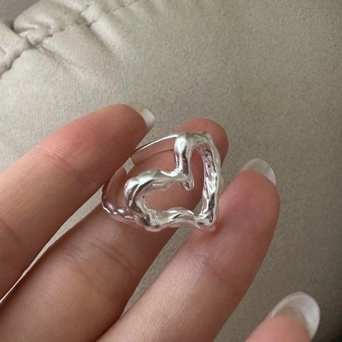 925 Sterling Silver Heart Ring For Women Irregular Liquid Metal Lava Texture Minimalist Open Adjustable Band Jewelry Gift