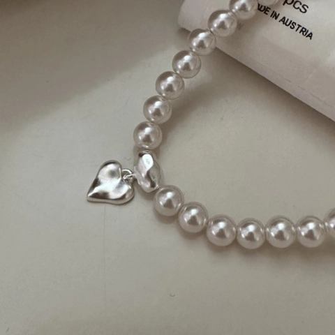 925 Sterlingsilber Künstliche Perlenkette Für Damen Koreanischer Stil Einfach Retro Herz Texturiert Anhänger Schmuck