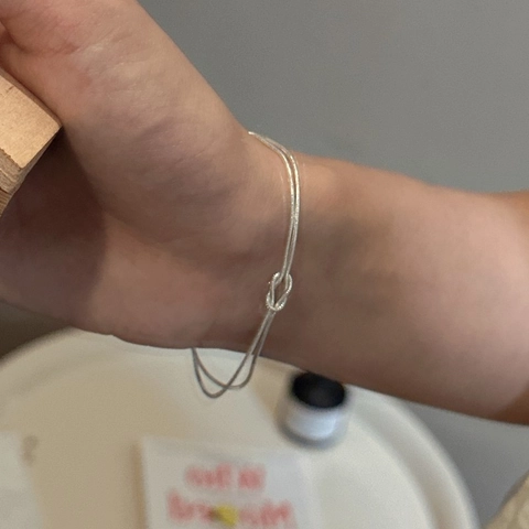 Bracciale a Nodo con Catena a Doppio Strato in Argento Sterling 925 Gioielli Minimalisti in Stile Coreano per Donna
