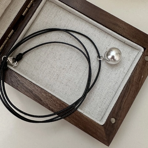 Collar con Colgante de Bola Pulida de Plata de Ley 925 para Mujer Minimalista Cordón Encerado Negro Collar Largo Joyería