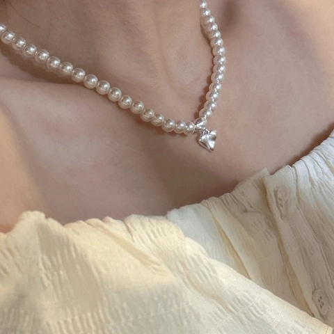 925 Sterlingsilber Künstliche Perlenkette Für Damen Koreanischer Stil Einfach Retro Herz Texturiert Anhänger Schmuck