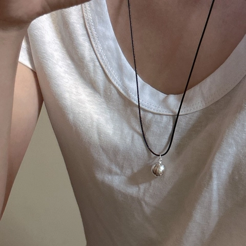 Collar con Colgante de Bola Pulida de Plata de Ley 925 para Mujer Minimalista Cordón Encerado Negro Collar Largo Joyería
