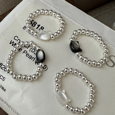 S925 Sterling Silver Beaded Ring Korean Design Mother Of Pearl Cat Head Elastic Ring Fashion Jewelry Finger Ring For Women