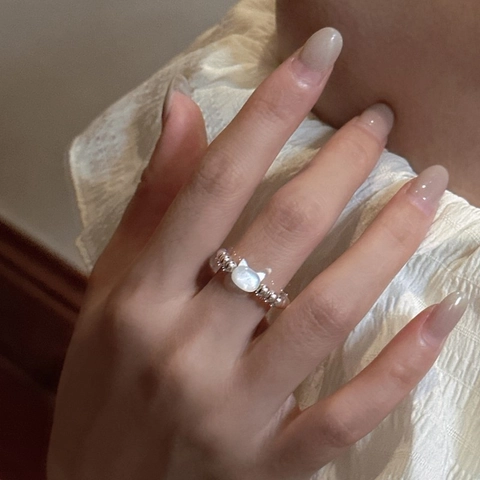 S925 Sterling Silver Beaded Ring Korean Design Mother Of Pearl Cat Head Elastic Ring Fashion Jewelry Finger Ring For Women