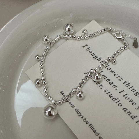 Bracciale a Grani in Argento Sterling S925 per Donna Semplice Moda Geometrica con Pendaglio a Sfera Regolabile Stile Coreano Gioielli