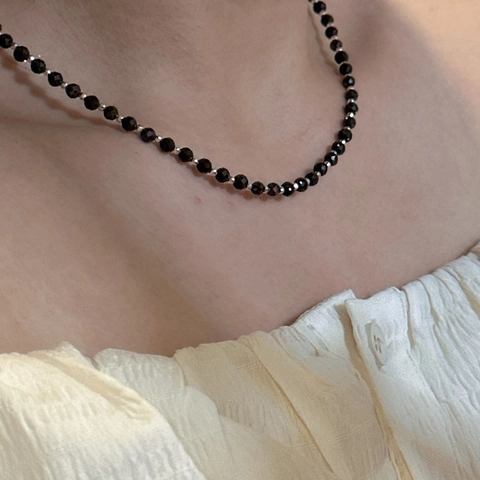 925 Sterling Silver Black Spinel Beaded Necklace For Women Elegant Minimalist Clavicle Chain Jewelry Fashion Accessories