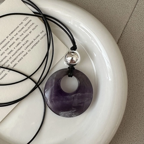 925 Sterlingsilber Lila Amethyst Rund Donut Anhänger Halskette Minimalistisch Geometrisch Stein Schnur Halskette Für Damen
