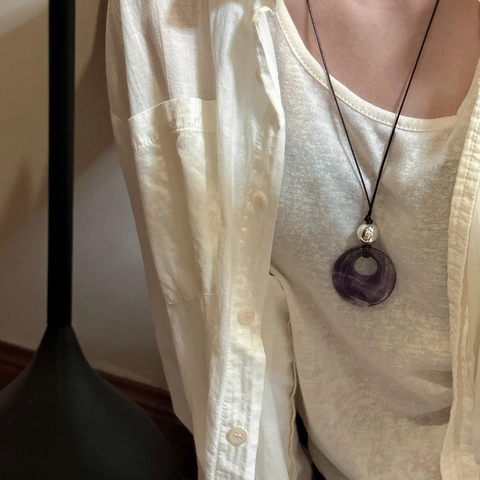 925 Sterlingsilber Lila Amethyst Rund Donut Anhänger Halskette Minimalistisch Geometrisch Stein Schnur Halskette Für Damen