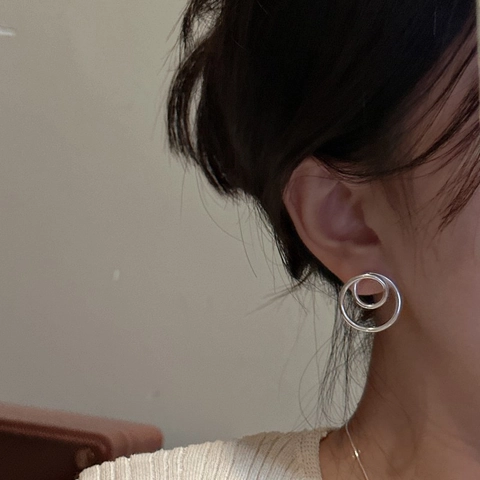Orecchini a Bottone a Doppio Cerchio in Argento Sterling 925 Minimalisti per Donna Gioielli con Anello Geometrico Vintage