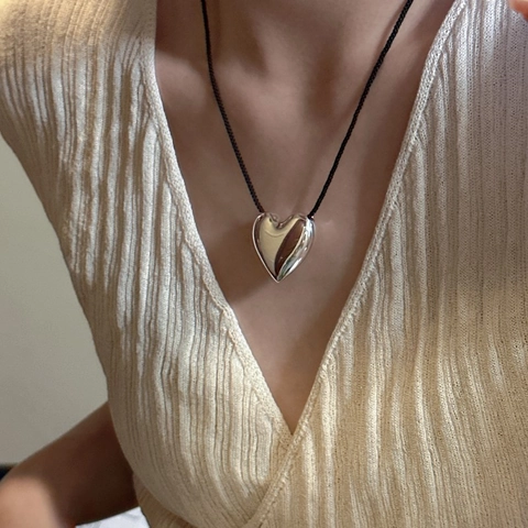 925 Sterling Silver Heart Pendant Necklace For Women Black Cord Adjustable Long Sweater Chain Electroplated Jewelry Gift