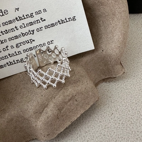 S925 Sterling Silver Mesh Hollow Open Ring For Women Minimalist Geometric Weave Adjustable Finger Ring Retro Korean Fashion Jewelry Gift