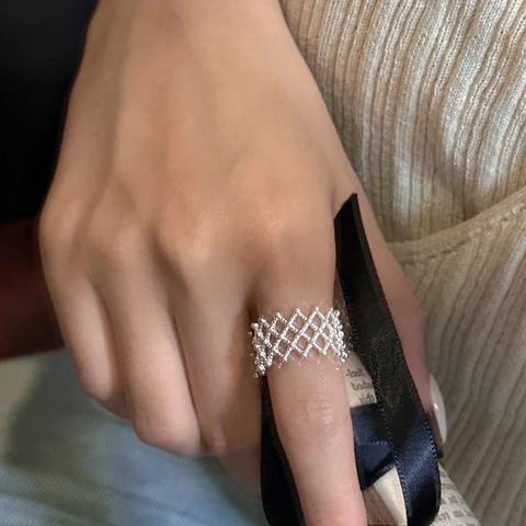 S925 Sterling Silver Mesh Hollow Open Ring For Women Minimalist Geometric Weave Adjustable Finger Ring Retro Korean Fashion Jewelry Gift
