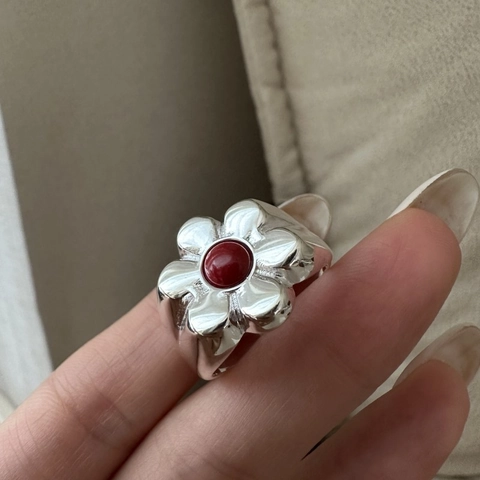 925 Sterling Zilveren Bloem Ring Voor Vrouwen Retro Koreaanse Stijl Strass Ingelegde Rode Steen Verstelbare Open Ring Minimalistische Sieraden