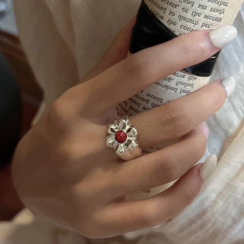 925 Sterling Zilveren Bloem Ring Voor Vrouwen Retro Koreaanse Stijl Strass Ingelegde Rode Steen Verstelbare Open Ring Minimalistische Sieraden