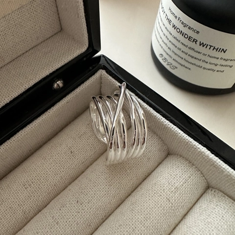 Anello Aperto Minimalista in Argento Sterling 925 Linee Incrociate Multistrato per Donna Gioielli Geometrici Regolabili Fatti a Mano