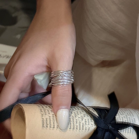 Anello Aperto Minimalista in Argento Sterling 925 Linee Incrociate Multistrato per Donna Gioielli Geometrici Regolabili Fatti a Mano