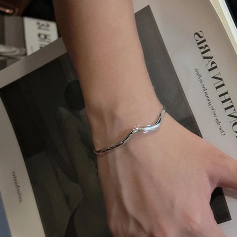 Brazalete Irregular de Ola de Plata de Ley 925 para Mujer Pulsera Abierta Pulida Minimalista Estilo Coreano Joyería de Moda Vintage