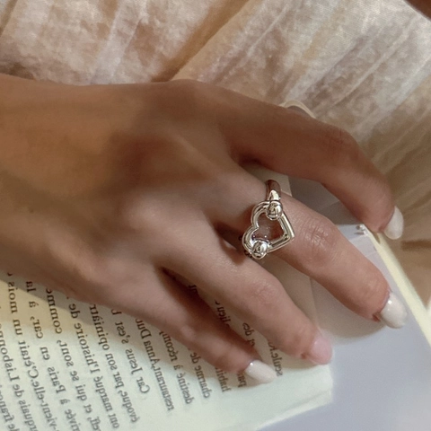 S925 Sterlingsilber Vintage Herz Knoten Offener Ring Für Damen Eleganter Koreanischer Stil Verstellbarer Fingerring Schmuck