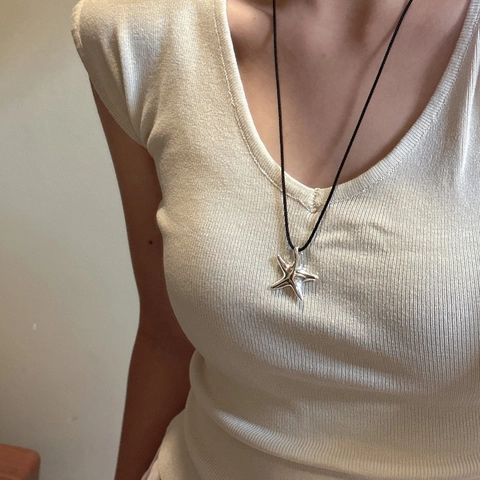 S925 Sterling Silber Seestern Anhänger Halskette Minimalistische Schwarze Seilkette Retro Ozean Stil Schmuck Für Damen Geschenk