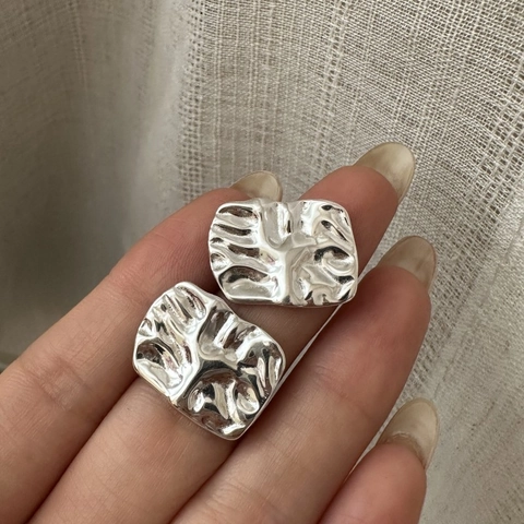 S925 Sterling Silver Square Stud Earrings For Women Korean Style Minimalist Wrinkled Texture Geometric Earrings Retro Jewelry