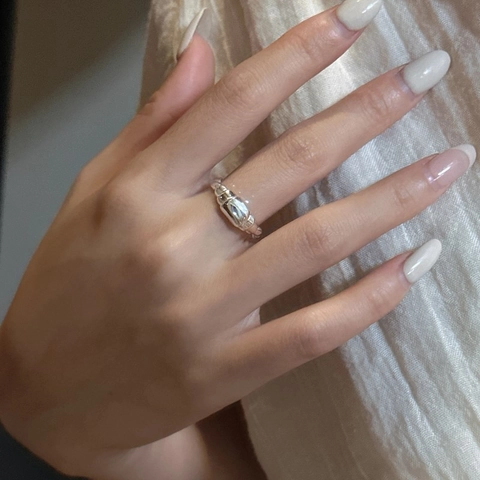 925 Sterling Silver Croissant Ring For Women French Retro Minimalist Spiral Texture Open Adjustable Finger Ring Jewelry