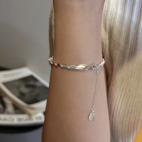925 Sterling Silver Matte Bean Bracelet For Women Minimalist Adjustable Pull Chain Link Bracelet Elegant Hand Jewelry