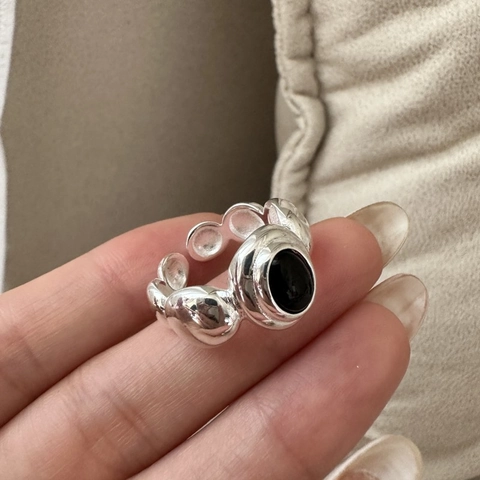 Anello Aperto Vintage in Argento Sterling 925 con Onice Nero Ovale per Donna Texture a Ciottoli Irregolari Anello da Dito Regolabile Gioielli alla Moda