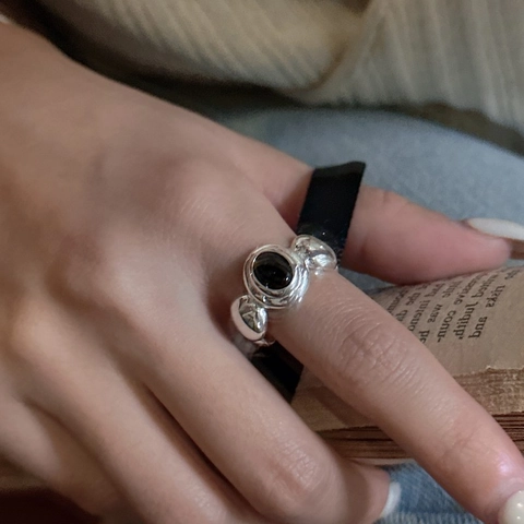 Anello Aperto Vintage in Argento Sterling 925 con Onice Nero Ovale per Donna Texture a Ciottoli Irregolari Anello da Dito Regolabile Gioielli alla Moda