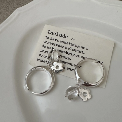 925 Sterling Silver Flower Pendant Adjustable Open Ring For Women Minimalist Korean Style Rhinestone Charm Finger Ring