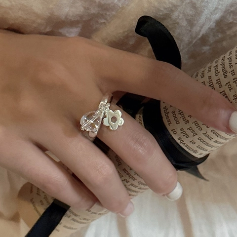 925 Sterling Silver Flower Pendant Adjustable Open Ring For Women Minimalist Korean Style Rhinestone Charm Finger Ring