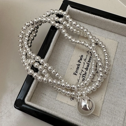 S925 Sterlingsilber Koreanischer Stil Dreischichtige Perlen Armband Damen Minimalistische Spiegel Poliert Ball Anhänger Schmuck