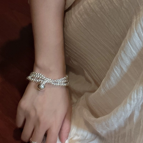 S925 Sterlingsilber Koreanischer Stil Dreischichtige Perlen Armband Damen Minimalistische Spiegel Poliert Ball Anhänger Schmuck