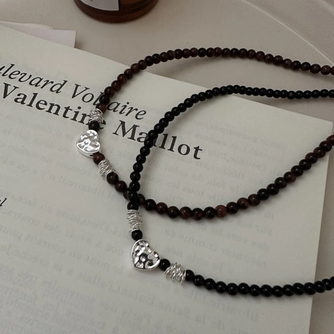 Collana a Perline con Ciondolo a Cuore in Argento Sterling 925 Vintage per Donna Onice Nero Occhio di Tigre Rosso Retrò