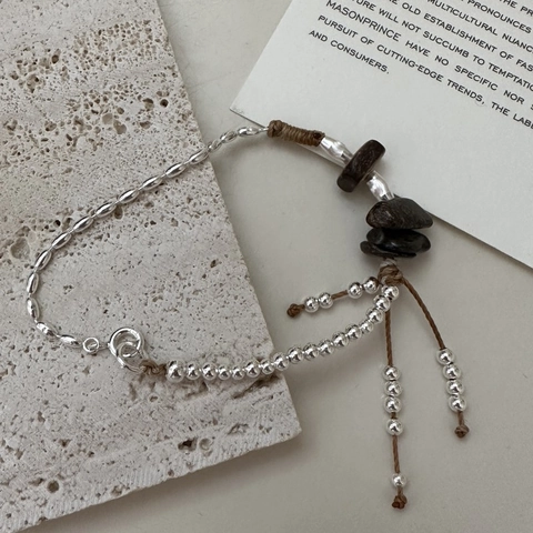 S925 Sterling Silver Natural Stone Handmade Beaded Bracelet Retro Minimalist Adjustable Cord Bracelet For Women Fashion Jewelry