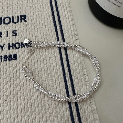 Bracciale a Doppio Strato in Argento Sterling S925 per Donna Minimalista Perle Luccicanti Intagliate Ciondolo a Cuore Regolabile Gioielli Coreani