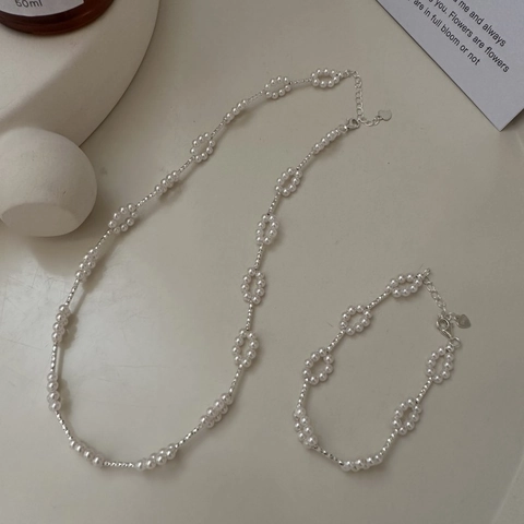 Collana a Ghirlanda di Fiori in Argento Sterling 925 con Perle Artificiali per Donna Elegante Catena della Clavicola a Cerchio Intrecciato Vintage Francese Gioielli