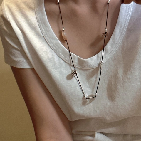 925 Sterling Silver Niche Design Handmade Braided Long Cord Necklace For Women Irregular Rhinestone Beaded Pendant Jewelry Gift