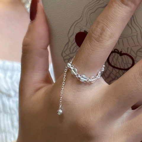 S925 Sterling Silver Heart Adjustable Pull Chain Ring Minimalist Korean Style Dainty Jewelry For Women Gift Heart Ring