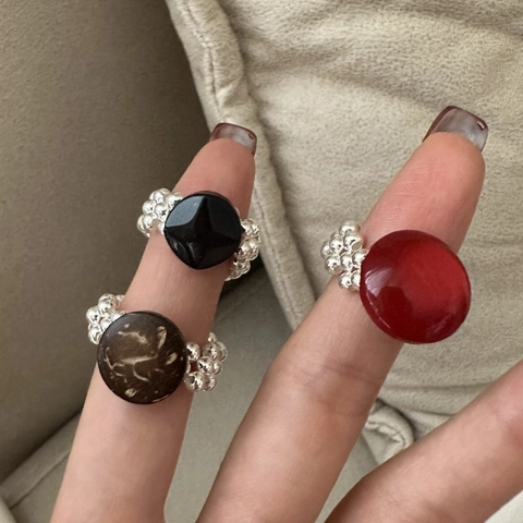 Anello Intrecciato con Perline in Argento Sterling S925 per Donna Gioiello Elastico da Dito con Pietra in Resina Geometrica Retrò
