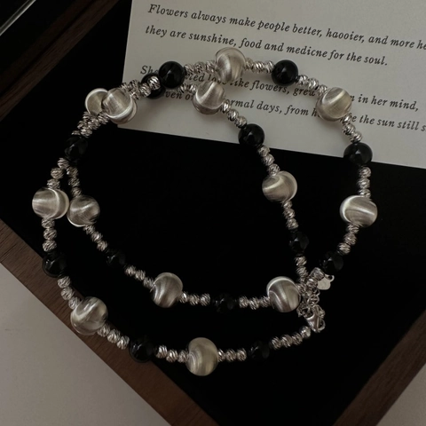 Collier en Argent Sterling S925 Perles d'Agate Noire pour Femmes Élégant Chaîne de Clavicule Minimaliste Bijoux Accessoire Cadeau