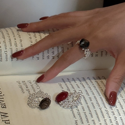 Anello Intrecciato con Perline in Argento Sterling S925 per Donna Gioiello Elastico da Dito con Pietra in Resina Geometrica Retrò