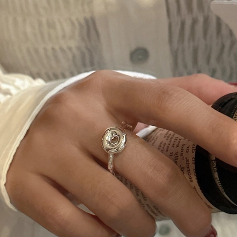 Anello Aperto in Argento Sterling 925 Stile Coreano Struttura Lava a Forma di Ciambella Irregolare Minimalista Geometrico Regolabile Donna
