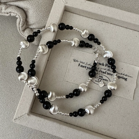 Collana in Argento Sterling 925 per Donna Design Minimalista Perline Occhio di Gatto Onice Nero Gioielli Stile Coreano