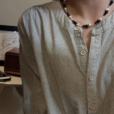 Collana in Argento Sterling 925 per Donna Design Minimalista Perline Occhio di Gatto Onice Nero Gioielli Stile Coreano
